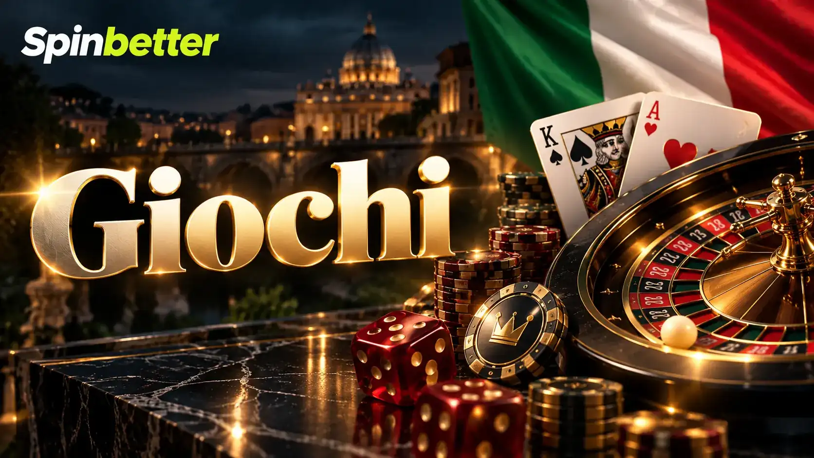 Banner Giochi con roulette, carte da poker e dadi sul tavolo del casinò SpinBetter