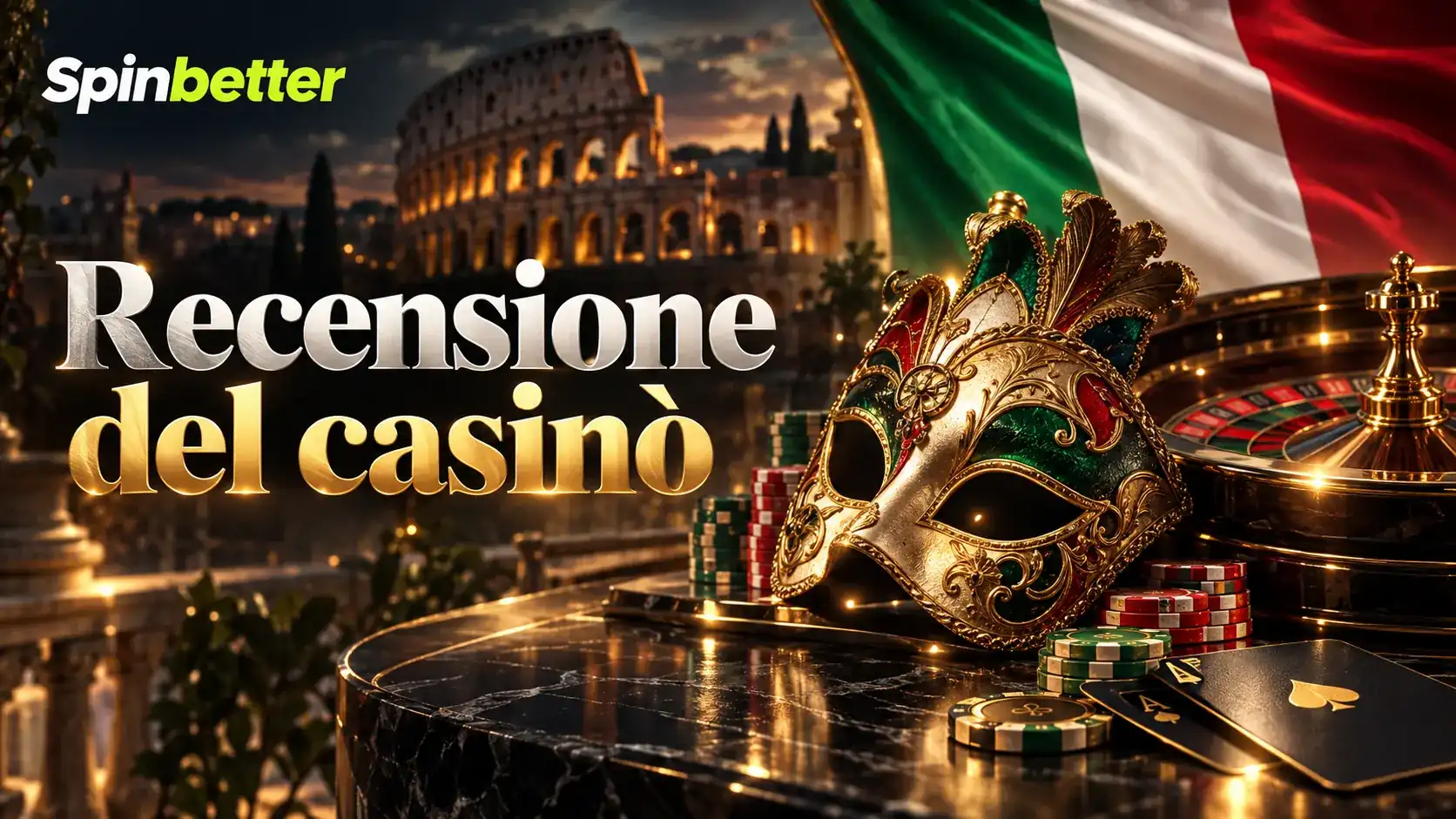 Banner Recensione del casinò SpinBetter con maschera veneziana, roulette e Colosseo